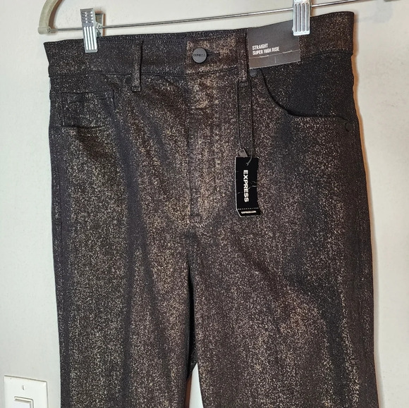 NWT Express Metallic Bronze Straight highrise stretch jeans.  Women's size 4 - Picture 5 of 16